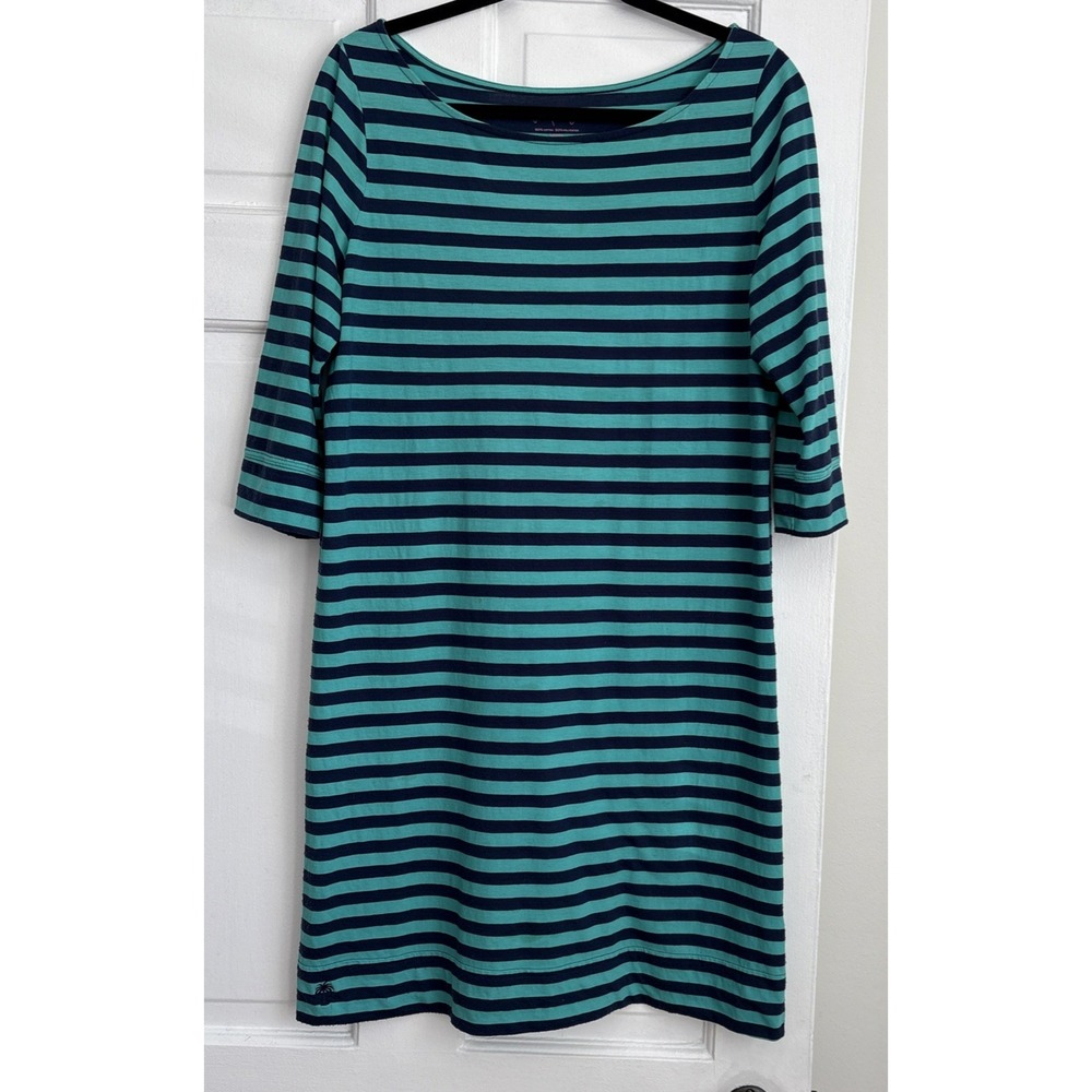 Lilly Pulitzer Striped‎ Boatneck T-Shirt Dress Teal Navy Blue Palm Tree Large